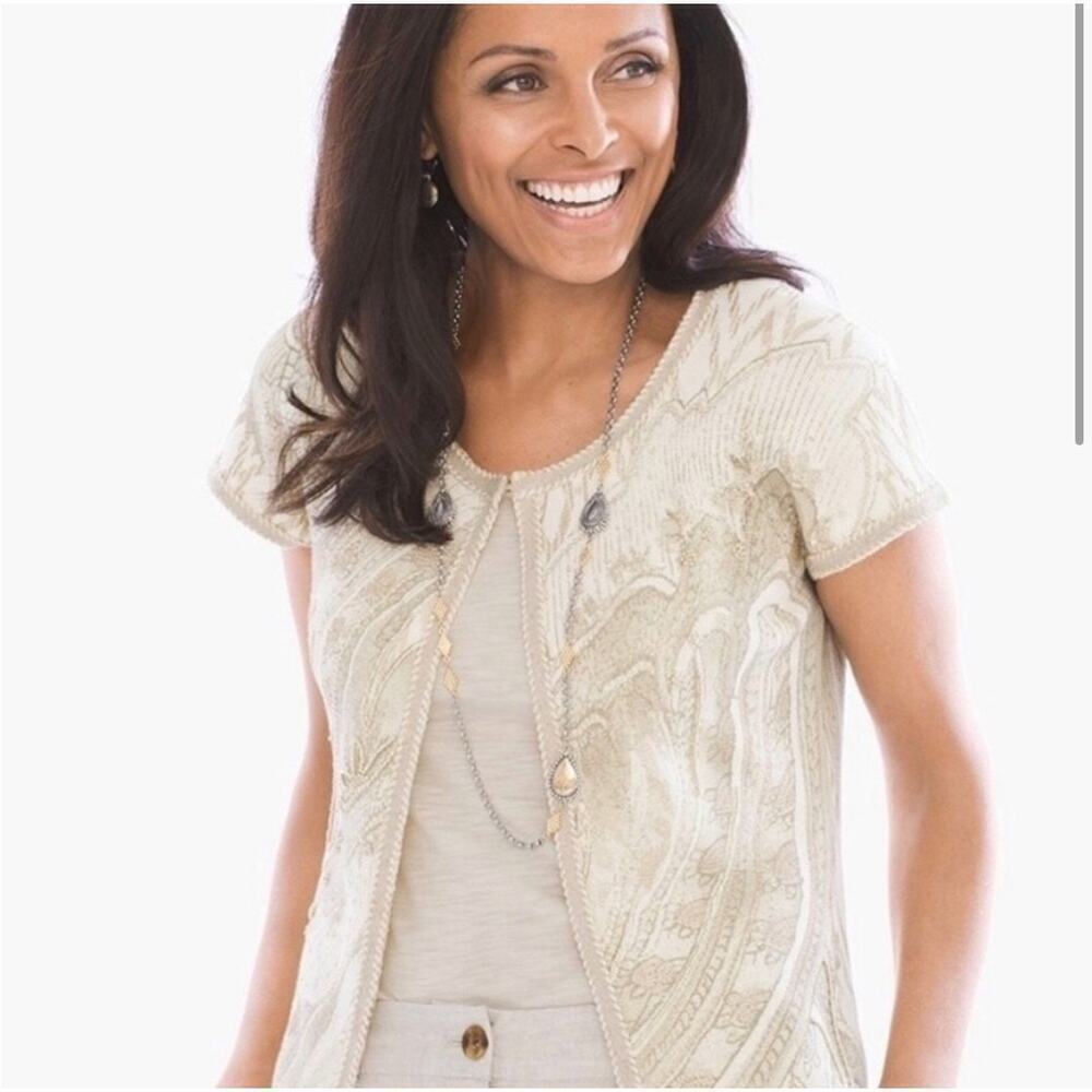 Chico's Womens Baroque Embellished Cardigan Sweater Short Sleeve Cream 0/S - Picture 1 of 9